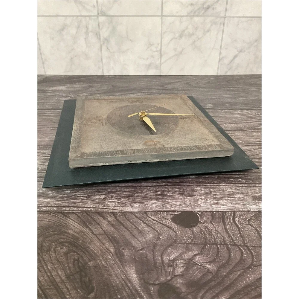 Rustic Slate,metal Clock W/ Green Border, Brownish Face,gold Brass Clock Hands